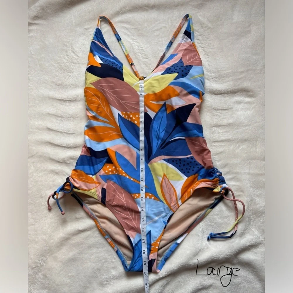 Kona Sol Tropical Floral Print One-Piece Swimsuit Orange Blue